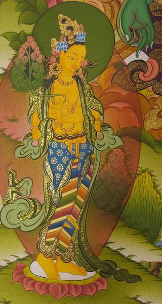 Tibetan Thangka Of Green Tara, [24k Real Gold]