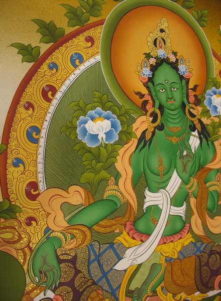 Tibetan Thangka Of Green Tara, [24k Real Gold]