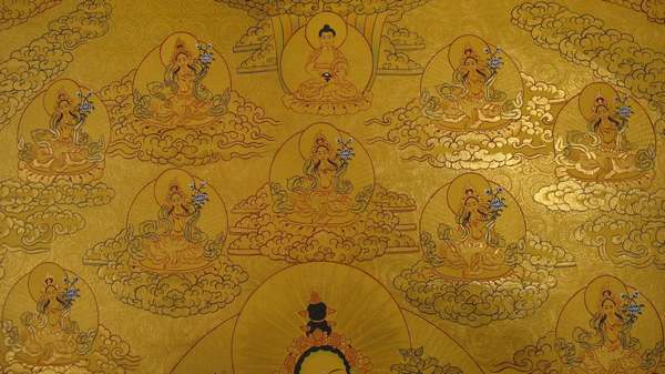 Tibetan Thangka Of 21 Green Taras, [24k Real Gold]