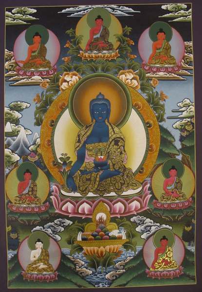 Tibetan Thangka Of Medicine Buddha, [24k Real Gold]