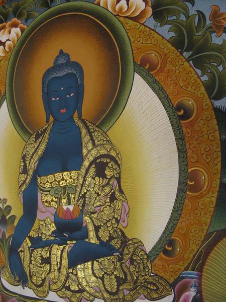 Tibetan Thangka Of Medicine Buddha, [24k Real Gold]