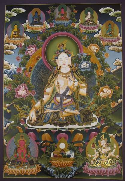 Tibetan Thangka Of White Tara, [24k Real Gold]