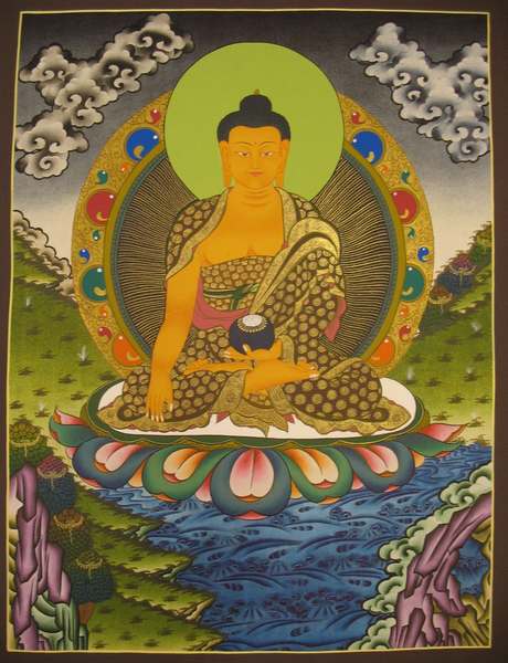 Tibetan Thangka Of Shakyamuni, [24k Real Gold]