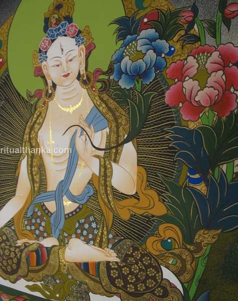 Tibetan Thangka Of White Tara, [24k Real Gold]