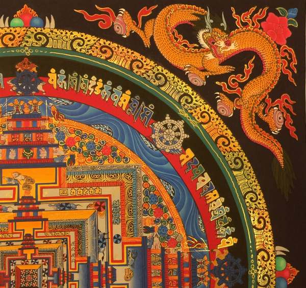 Tibetan Thangka Of Kalachakra Mandala With Dragon Motif, [24k Real Gold]