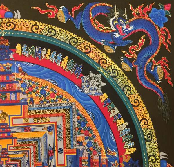 Tibetan Thangka Of Kalachakra Mandala With Dragon Motif, [24k Real Gold]