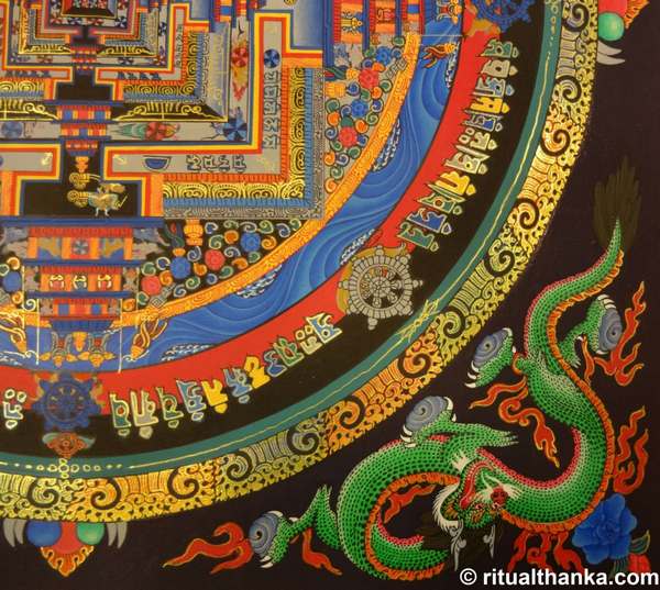 Tibetan Thangka Of Kalachakra Mandala With Dragon Motif, [24k Real Gold]