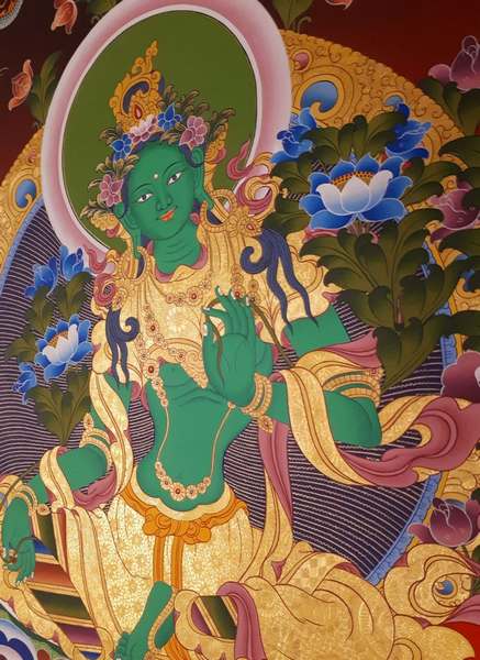 Tibetan Thangka Of Green Tara, [24k Real Gold]