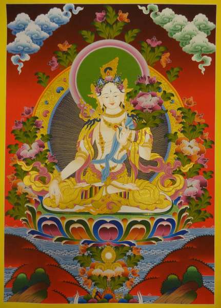 Tibetan Thangka Of White Tara, [24k Real Gold]