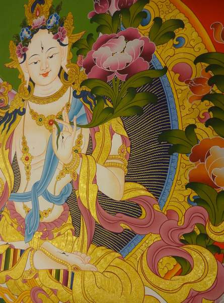 Tibetan Thangka Of White Tara, [24k Real Gold]