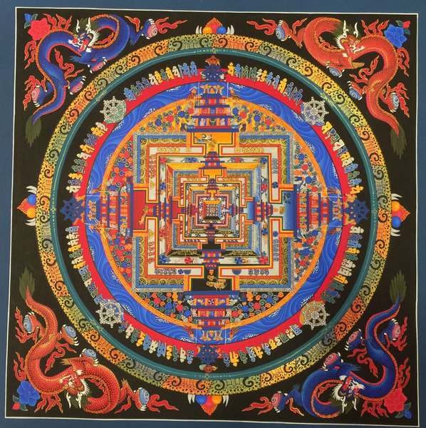 Tibetan Thangka Of Kalachakra Mandala With Dragon Motif, [24k Real Gold]