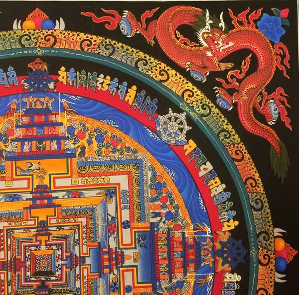 Tibetan Thangka Of Kalachakra Mandala With Dragon Motif, [24k Real Gold]