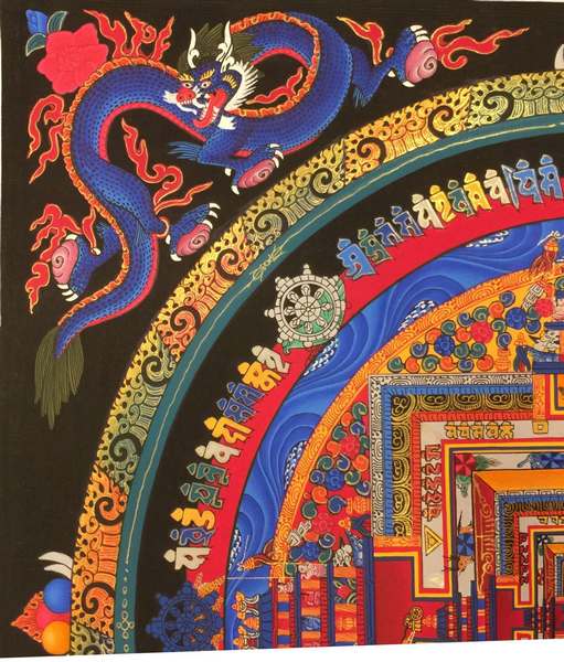 Tibetan Thangka Of Kalachakra Mandala With Dragon Motif, [24k Real Gold]