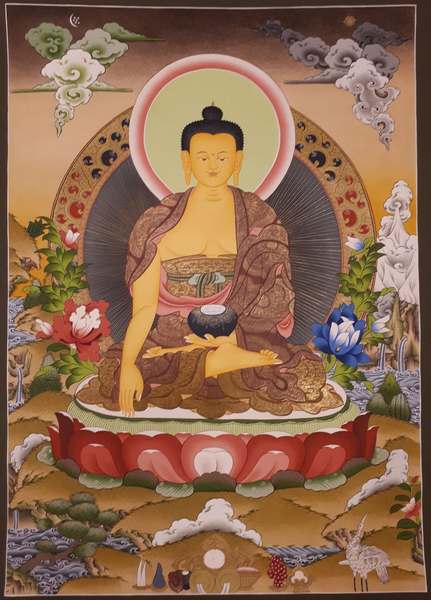 Tibetan Thangka Of Shakyamuni, [24k Real Gold]