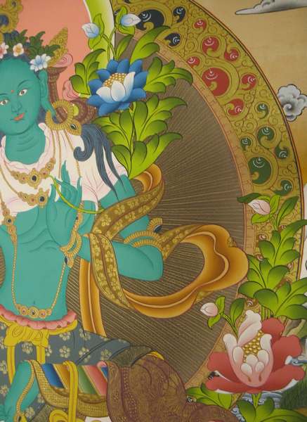 Tibetan Thangka Of Green Tara, [24k Real Gold]