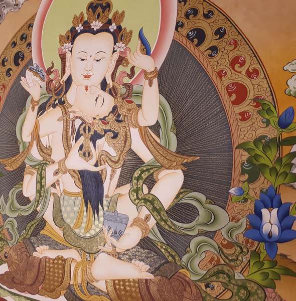 Tibetan Thangka Of Vajrasattva With Consort, [shakti], Yab-yum, [24k Real Gold]