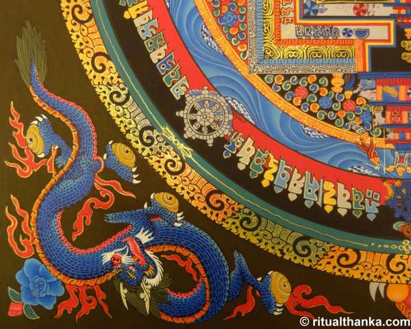 Tibetan Thangka Of Kalachakra Mandala With Dragon Motif, [24k Real Gold]