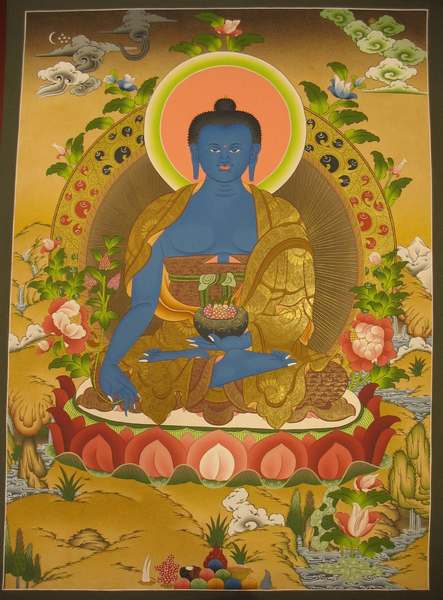 Tibetan Thangka Of Medicine Buddha, [24k Real Gold]