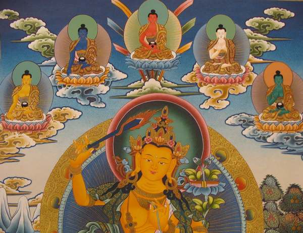 Tibetan Thangka Of Manjushri, [24k Real Gold]