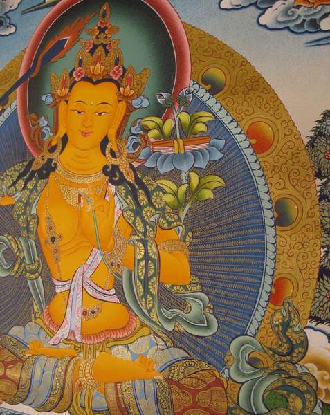 Tibetan Thangka Of Manjushri, [24k Real Gold]