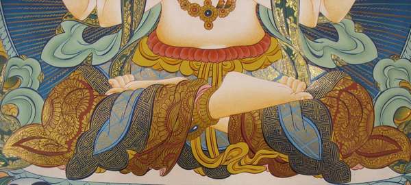 Tibetan Thangka Of Chengrezig, [24k Real Gold], Three Great Bodhisattvas