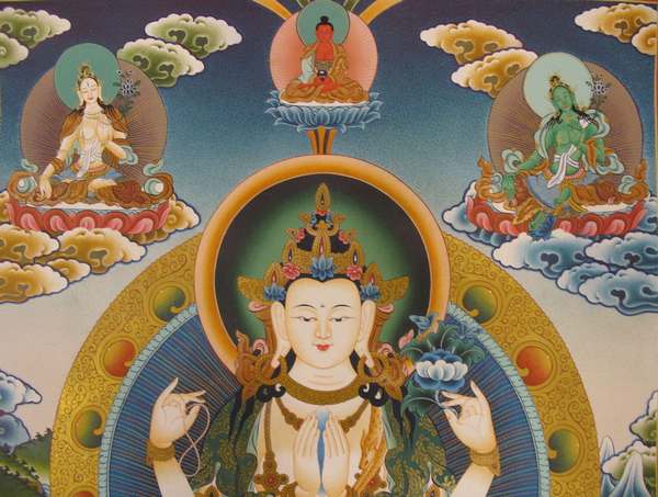 Tibetan Thangka Of Chengrezig, [24k Real Gold], Three Great Bodhisattvas