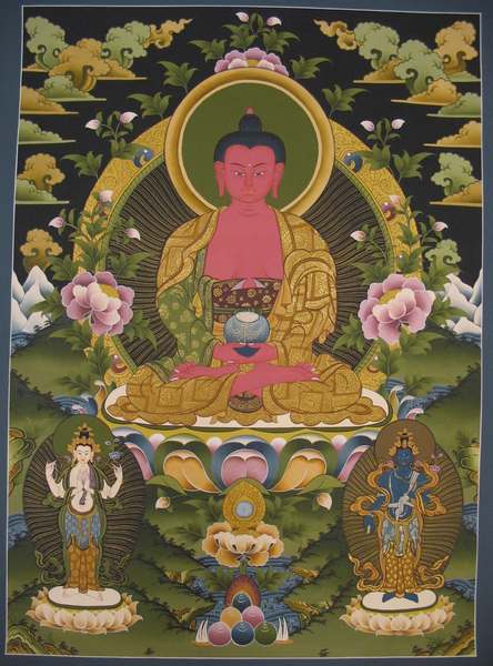 Tibetan Thangka Of Amitabha Buddha, [24k Real Gold]