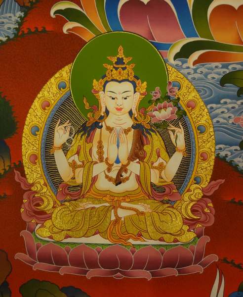 Tibetan Thangka Of Manjushri, [24k Real Gold]