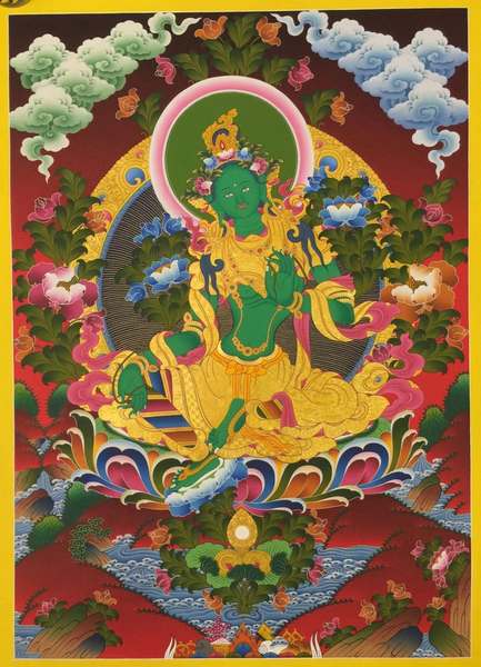 Tibetan Thangka Of Green Tara, [24k Real Gold]