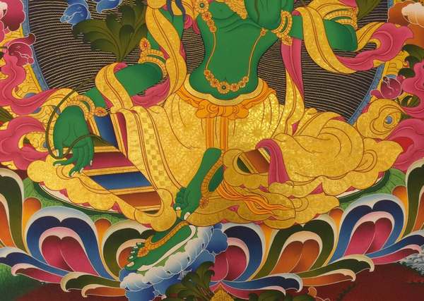 Tibetan Thangka Of Green Tara, [24k Real Gold]