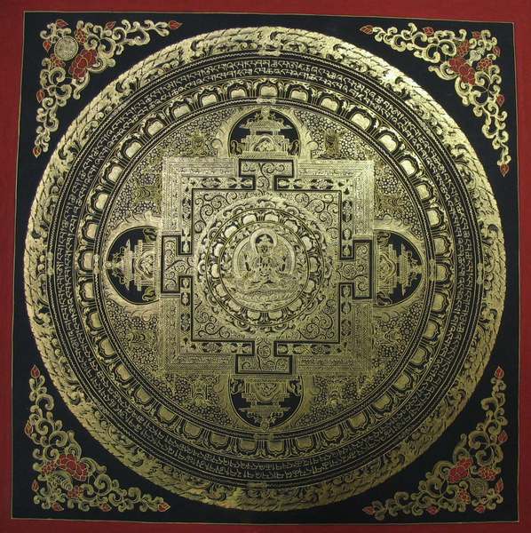 Tibetan Thangka Of Chengrezig Mandala, [24k Real Gold]