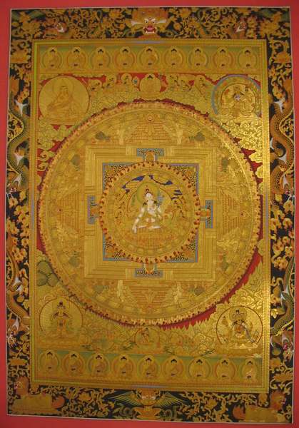 Tibetan Thangka Of White Tara Mandala, [24k Real Gold]