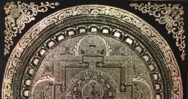 Tibetan Thangka Of Silver White Tara Mandala