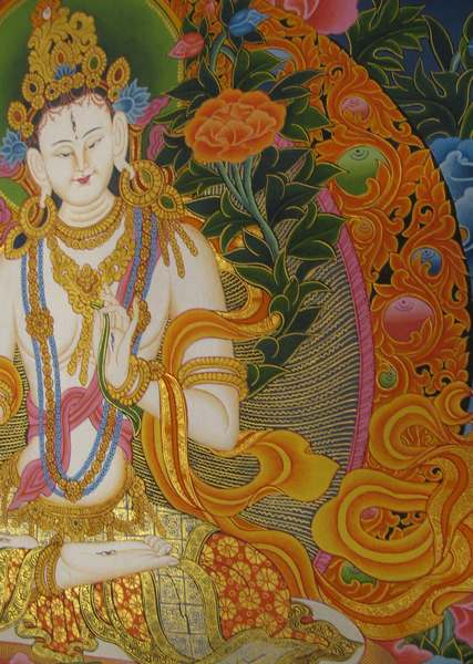 [hq] Tibetan Thangka Of Nevari White Tara, [24k Real Gold]