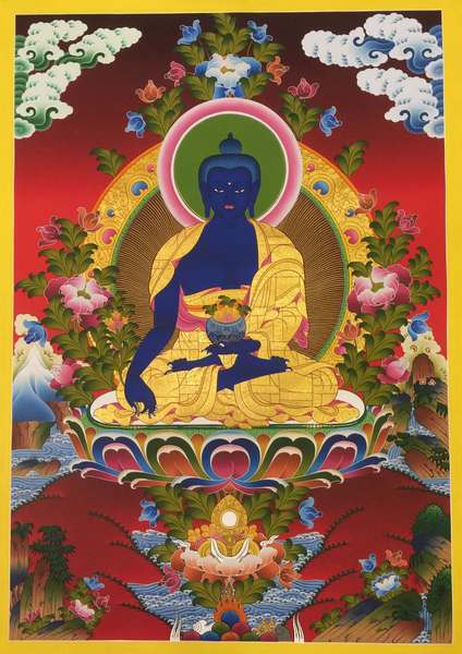 Tibetan Thangka Of Medicine Buddha, [24k Real Gold]