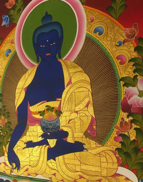 Tibetan Thangka Of Medicine Buddha, [24k Real Gold]