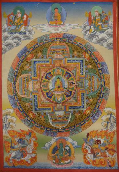 Tibetan Thangka Of Shakyamuni Mandala 2 Sided, [24k Real Gold]