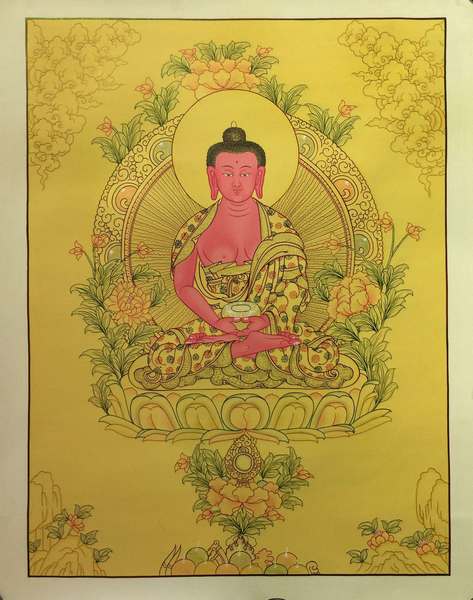 Tibetan Thangka Of Yellow Colored Amitabha Buddha