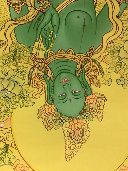 Tibetan Thangka Of Yellow Colored Green Tara