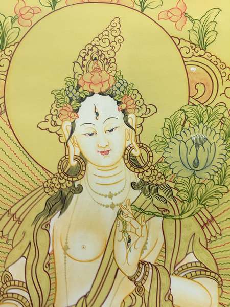 Tibetan Thangka Of Yellow Colored White Tara