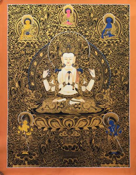 Tibetan Thangka Of Chengrezig, Three Great Bodhisattvas