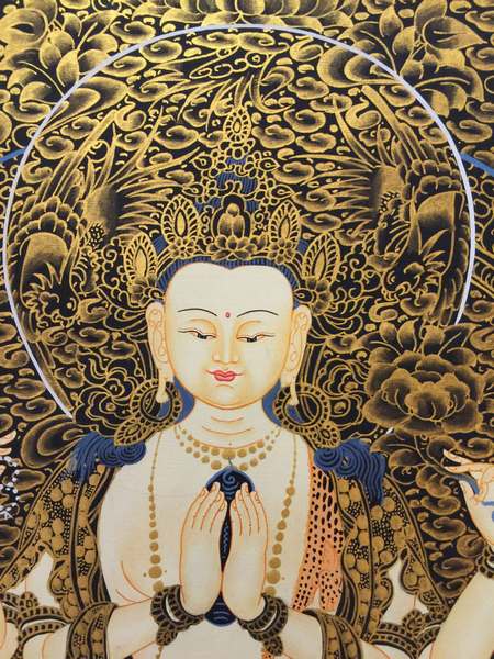 Tibetan Thangka Of Chengrezig, Three Great Bodhisattvas