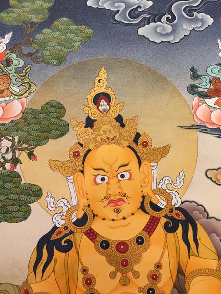 Tibetan Thangka Of Pancha Dzambhala, Yellow Jambhala, [24k Real Gold]