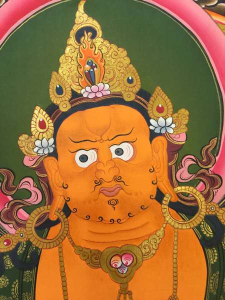Tibetan Thangka Of Pancha Dzambhala, Yellow Jambhala, [24k Real Gold]
