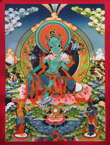 Tibetan Thangka Of Green Tara, [24k Real Gold]