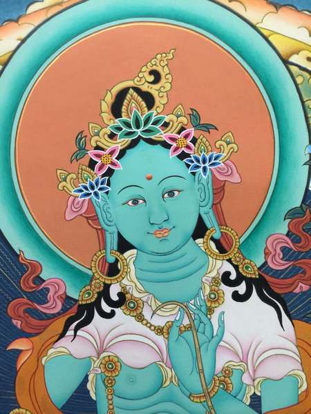 Tibetan Thangka Of Green Tara, [24k Real Gold]