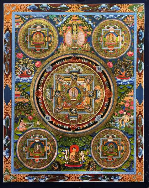 Tibetan Thangka Of Pancha Mandala, [24k Real Gold]