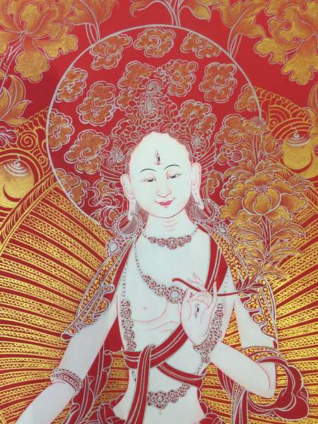 Tibetan Thangka Of White Tara, [24k Real Gold]