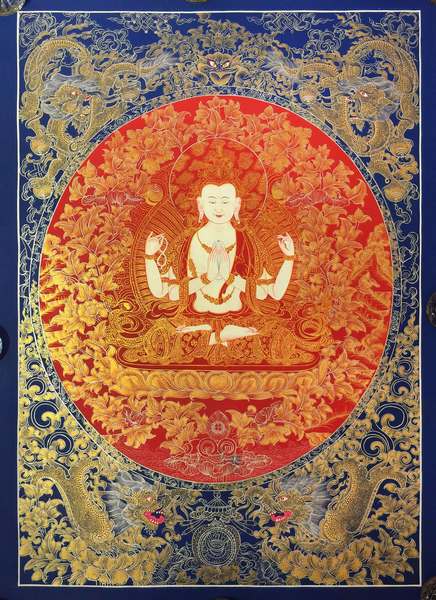 Tibetan Thangka Of Chengrezig, [24k Real Gold]