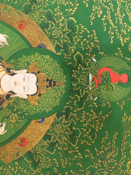 Tibetan Thangka Of Chengrezig, [24k Real Gold], Three Great Bodhisattvas